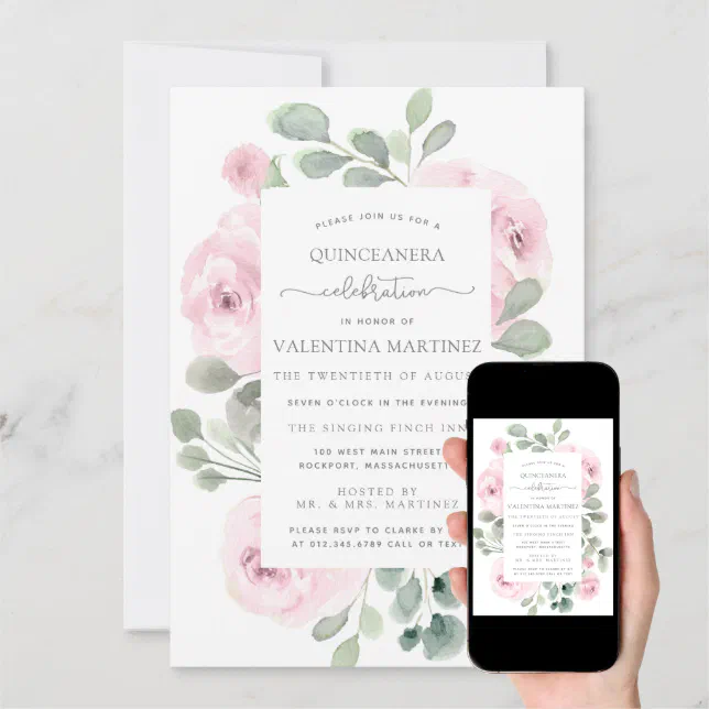 Pink Rose Floral Botanical Quinceanera Invitation | Zazzle