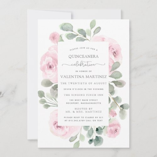Pink Rose Floral Botanical Quinceanera Invitation