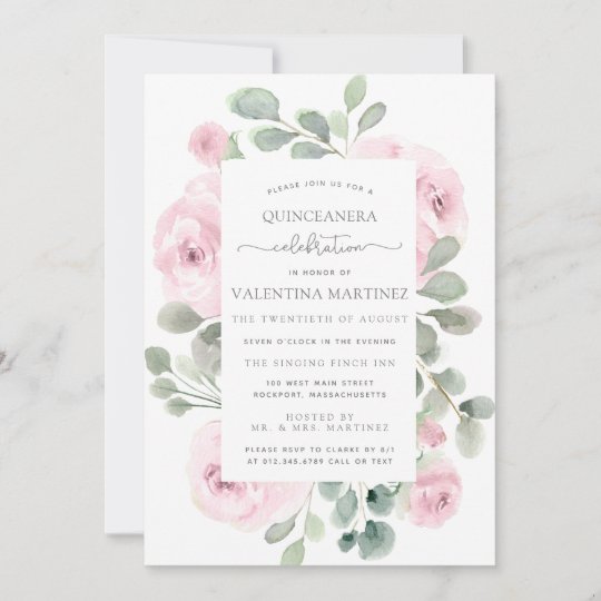 Pink Rose Floral Botanical Quinceanera Invitation 