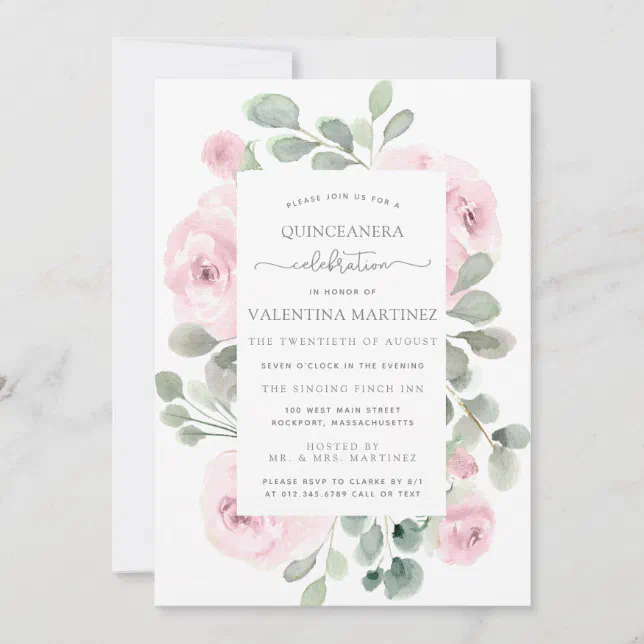 Pink Rose Floral Botanical Quinceanera Invitation | Zazzle