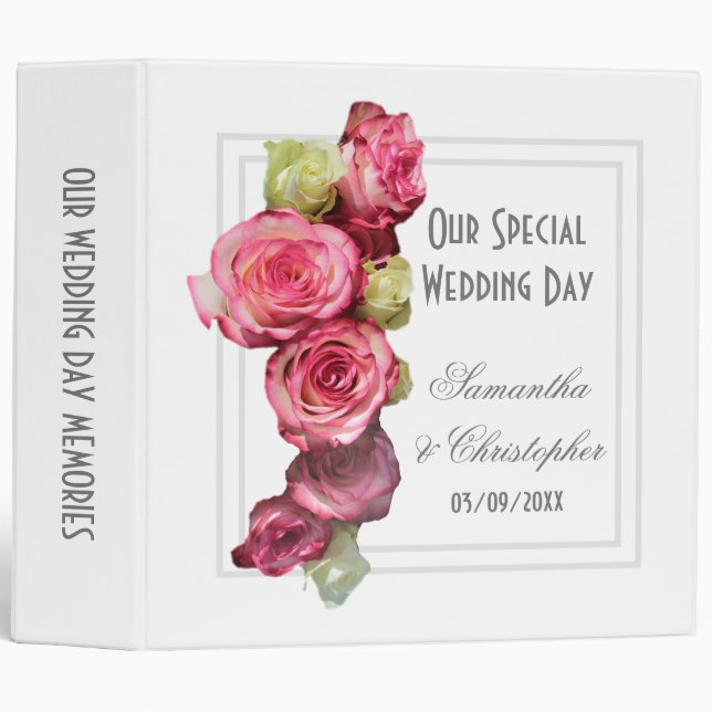 Pink rose floral bouquet wedding 3 ring binder (Front/Spine)