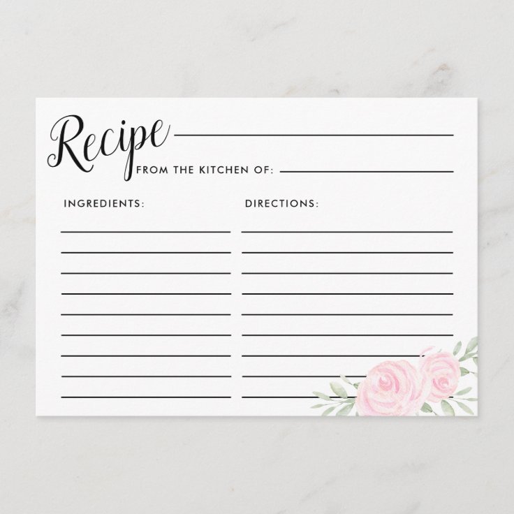 Pink Rose Floral Bridal Recipe Card | Zazzle