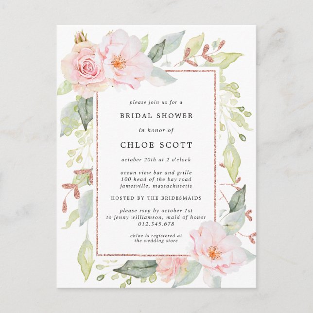 Pink Rose Floral Bridal Shower Invitation Postcard (Front)