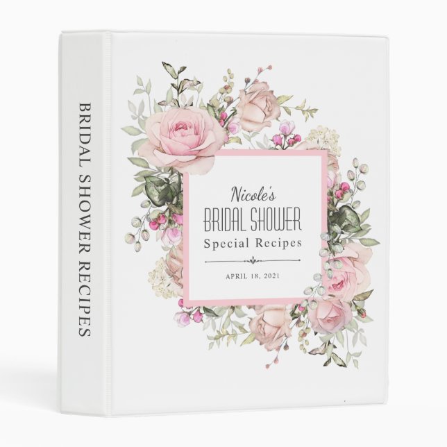 Pink Rose Floral Bridal Shower Recipes Mini Binder (Front/Spine)