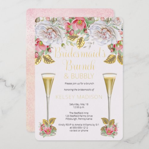 Pink Rose Floral Bridesmaids Brunch and Bubbly Foil Invitation