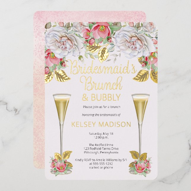 Pink Rose Floral Bridesmaids Brunch and Bubbly Foil Invitation (Front/Back)