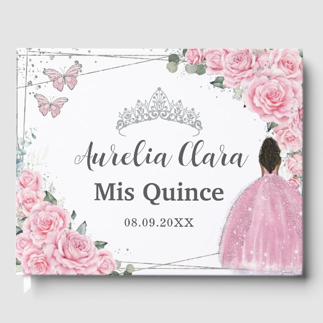 Pink Rose Floral Brown Princess Silver QUINCEAÑERA Guest Book (Front)