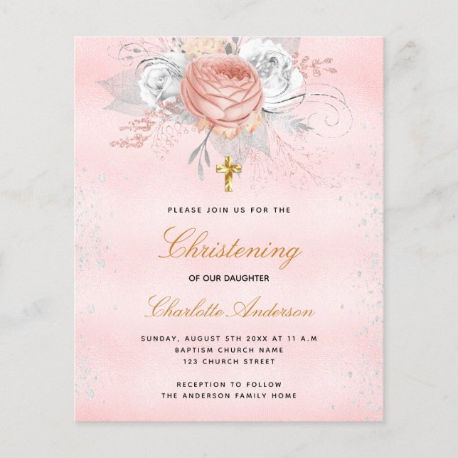 Pink rose floral budget christening invitation (Front)