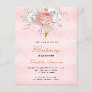 Pink rose floral budget christening invitation