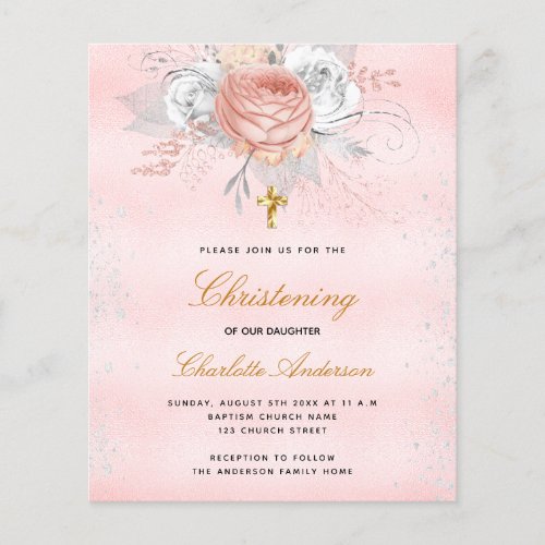 Pink rose floral budget christening invitation