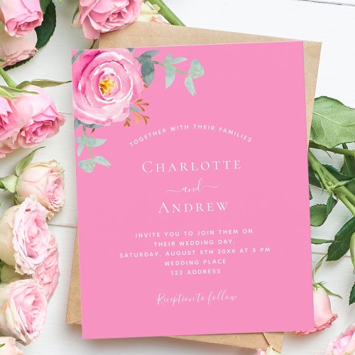 Pink rose floral budget wedding invitation