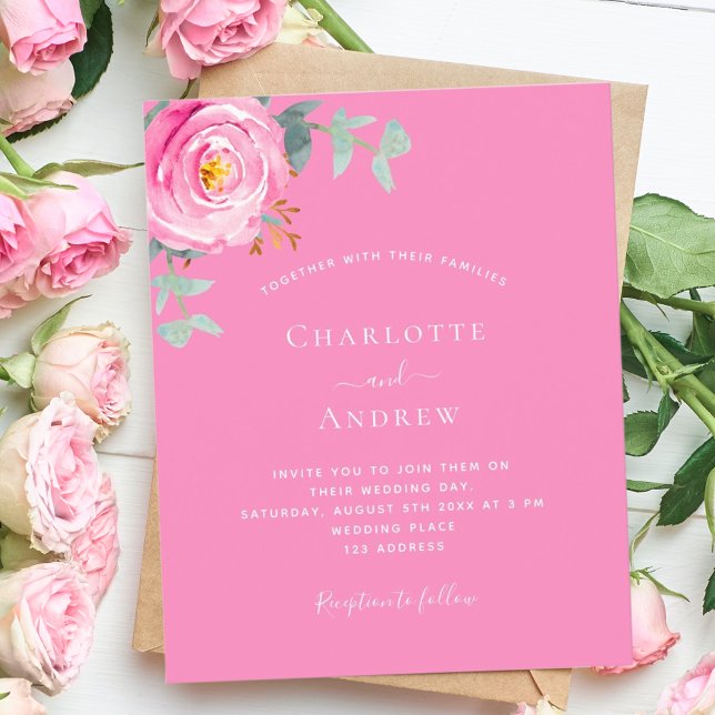 Pink rose floral budget wedding invitation (Creator Uploaded)