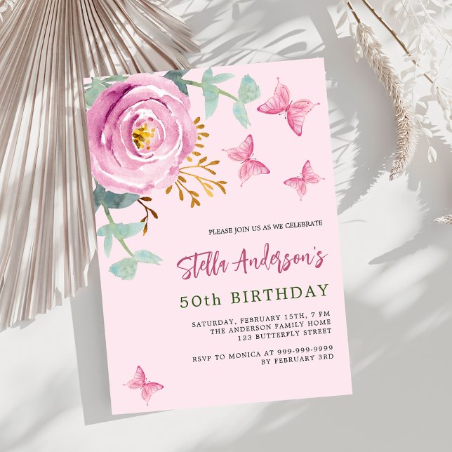 Pink rose floral butterfly greenry birthday invitation (Creator Uploaded)