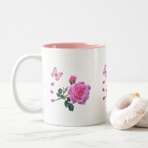 Pink Rose Floral Butterfly Hearts Mug