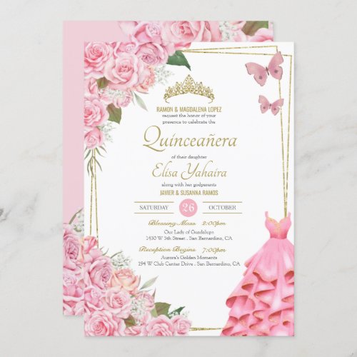 Pink Rose Floral Butterfly Quinceanera Celebration Invitation