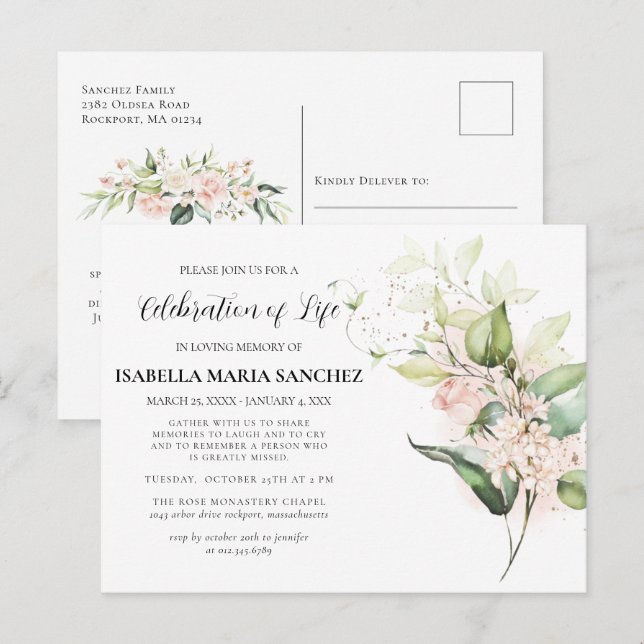 Pink Rose Floral Celebration of Life Invitation  Postcard (Front/Back)
