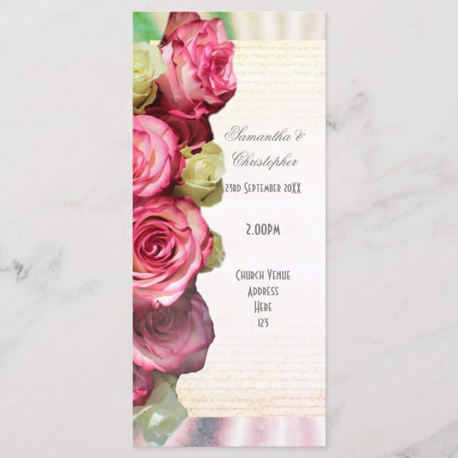 Pink rose floral church wedding program (Front)