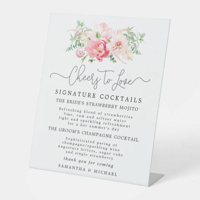 Pink Rose Floral Cocktails Wedding Bar Sign (Front)