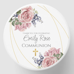 Pink Rose Floral Communion Thank You Candle Favor Mini Candle Favors