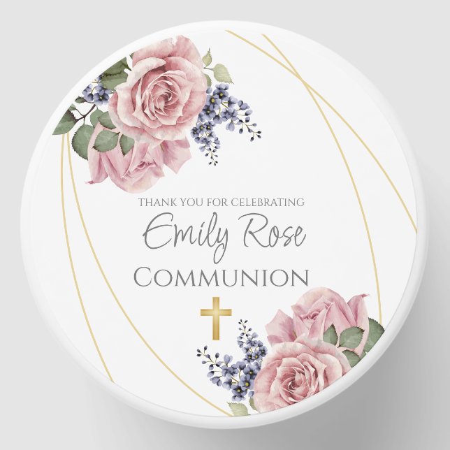 Pink Rose Floral Communion Thank You Candle Favor Mini Candle Favors (Front)