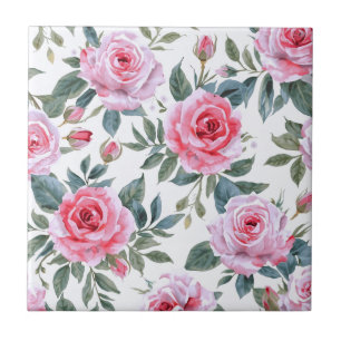 Pink Rose Floral Cottagecore Watercolor Pattern Ceramic Tile