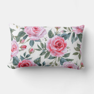 Pink Rose Floral Cottagecore Watercolor Pattern Lumbar Pillow