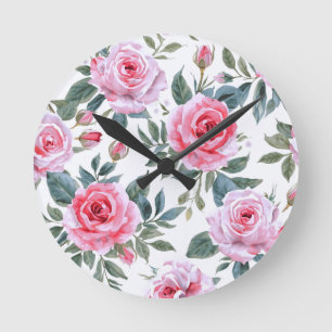Pink Rose Floral Cottagecore Watercolor Pattern Round Clock