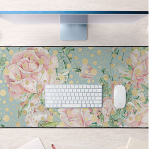Pink rose floral dot gold teal elegant vintage desk mat