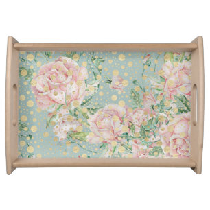 Pink rose floral dot gold teal elegant vintage serving tray