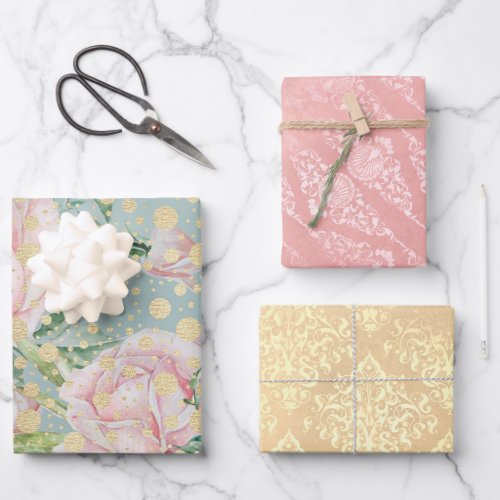 Pink rose floral dot gold teal vintage chic elegan wrapping paper sheets