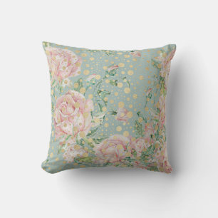 Pink rose floral dot gold teal vintage pattern throw pillow