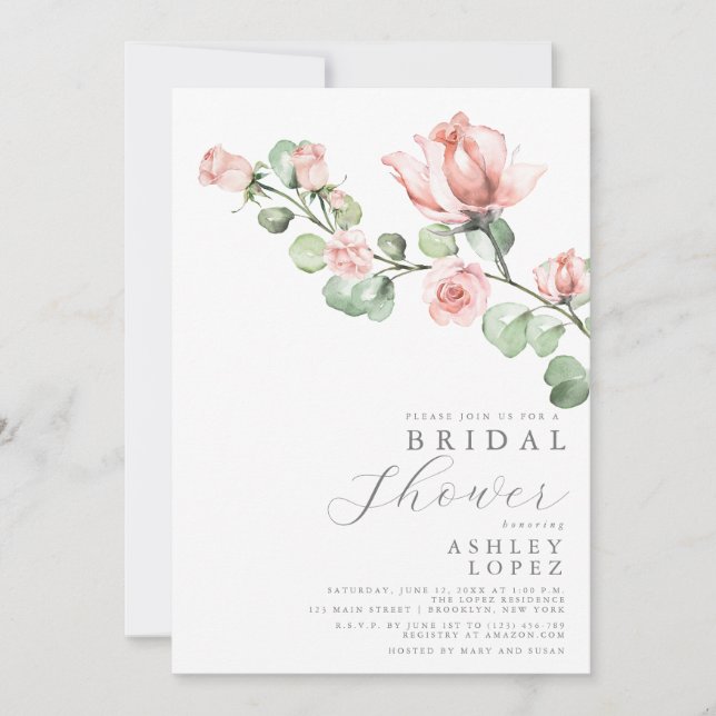 Pink Rose Floral Elegant Minimal Bridal Shower Invitation (Front)