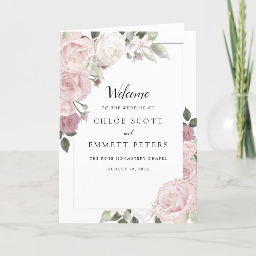Pink Rose Floral Elegant Wedding Booklet Program