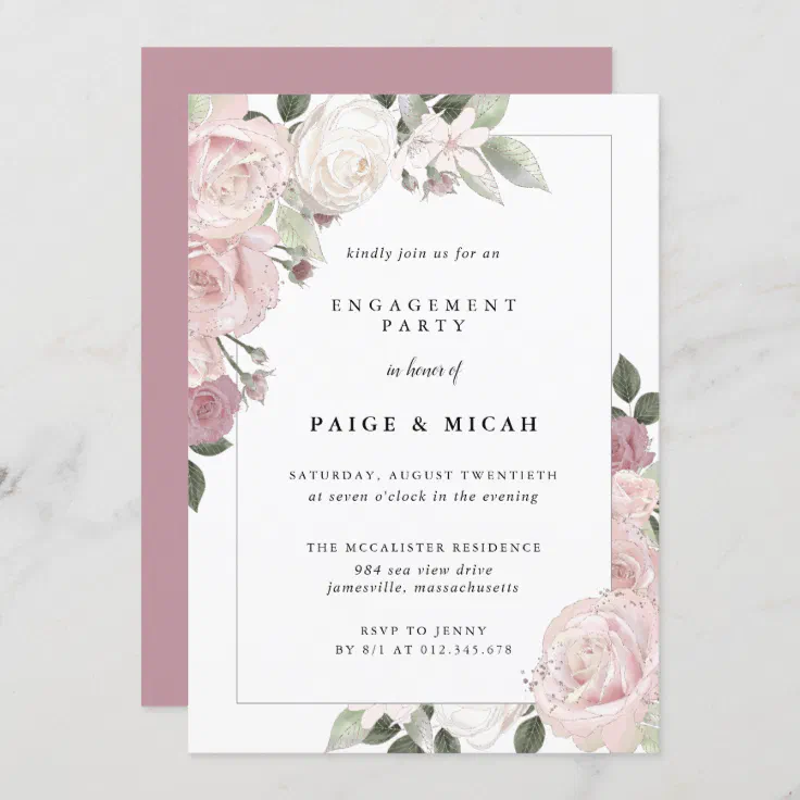 Pink Rose Floral Engagement Party Invitation | Zazzle