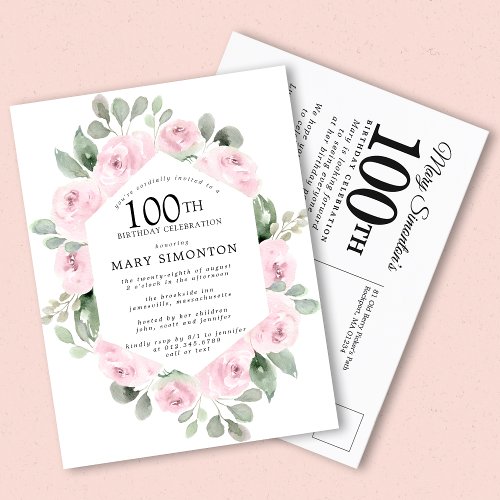 Pink Rose Floral Eucalyptus 100th Birthday Invitation Postcard