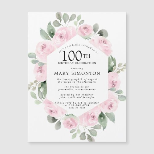 Pink Rose Floral Eucalyptus 100th Birthday Magnetic Invitation