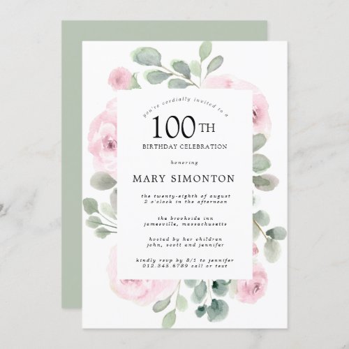 Pink Rose Floral Eucalyptus 100th Birthday Party Invitation