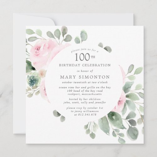 Pink Rose Floral Eucalyptus 100th Birthday Party Invitation