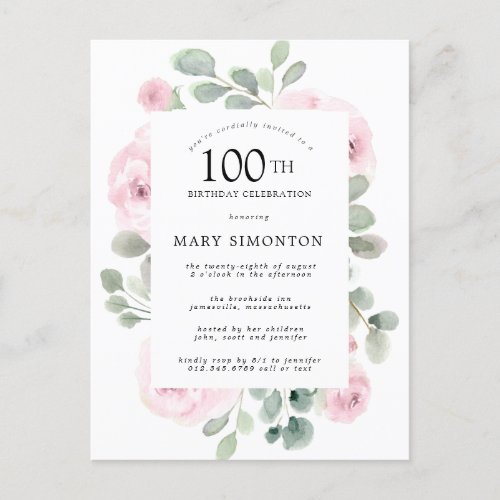 Pink Rose Floral Eucalyptus 100th Birthday Party Invitation Postcard