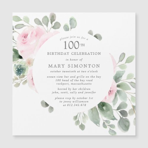 Pink Rose Floral Eucalyptus 100th Birthday Party Magnetic Invitation