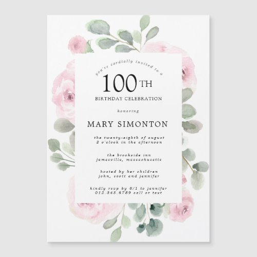 Pink Rose Floral Eucalyptus 100th Birthday Party Magnetic Invitation