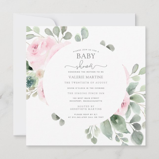 Pink Rose Floral Eucalyptus Baby Shower Invitation (Front)