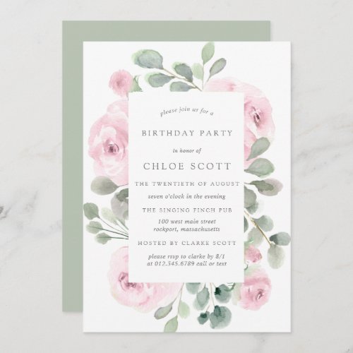 Pink Rose Floral Eucalyptus Birthday Invitation