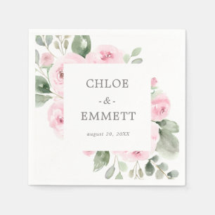 Pink Rose Floral Eucalyptus Wedding Napkins