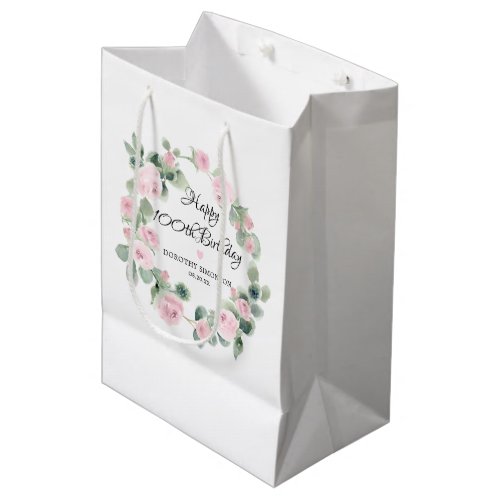 Pink Rose Floral Eucalyptus Wreath 100th Birthday Medium Gift Bag