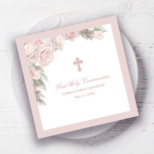 Pink Rose Floral First Communion Cocktail Napkins