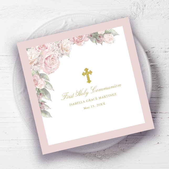 Pink Rose Floral First Communion Cocktail Napkins (Creator Uploaded)