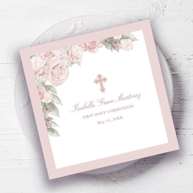 Pink Rose Floral First Communion Cocktail Napkins (Creator Uploaded)