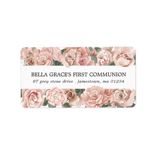 Pink Rose Floral First Communion Return Address Label