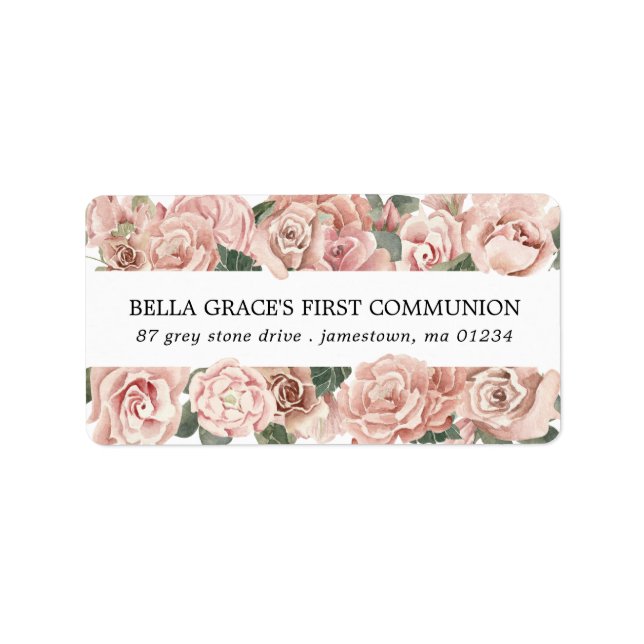 Pink Rose Floral First Communion Return Address Label (Front)